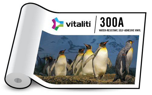 300A Water-Resistant Self-Adhesive Vinyl roll, designed for durable wide-format printing and outdoor signage applications.
