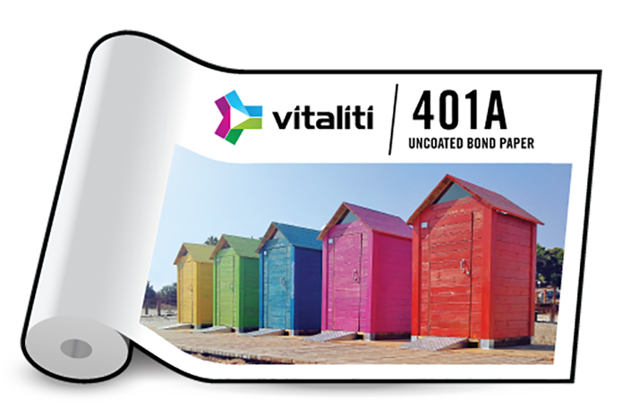 401A 20lb Inkjet Bond Paper roll, offering a bright white surface for crisp text and graphics in wide-format printing.