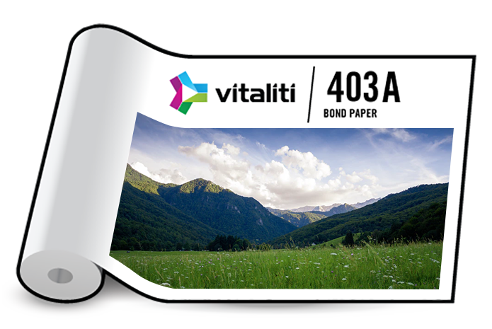 403A Bond Paper roll featuring a bright white finish for wide-format printing, delivering crisp text and vivid graphics.