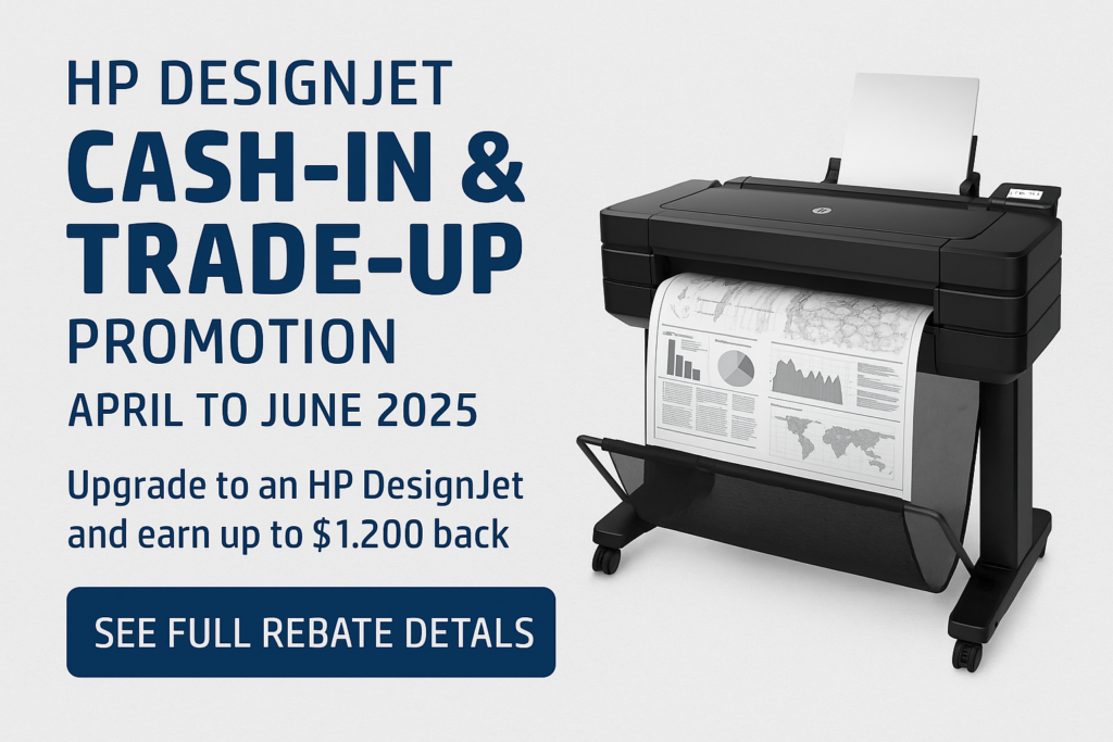 Promotional graphic for the HP DesignJet Cash-In & Trade-Up program, showing a black HP DesignJet printer and rebate offer details valid through June 2025.