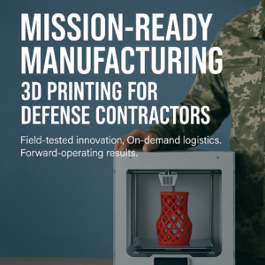 Military personnel operating an UltiMaker 3D printer producing a red lattice part, with bold text reading 'Mission-Ready Manufacturing: 3D Printing for Defense Contractors' emphasizing innovation and field-readiness in defense manufacturing.