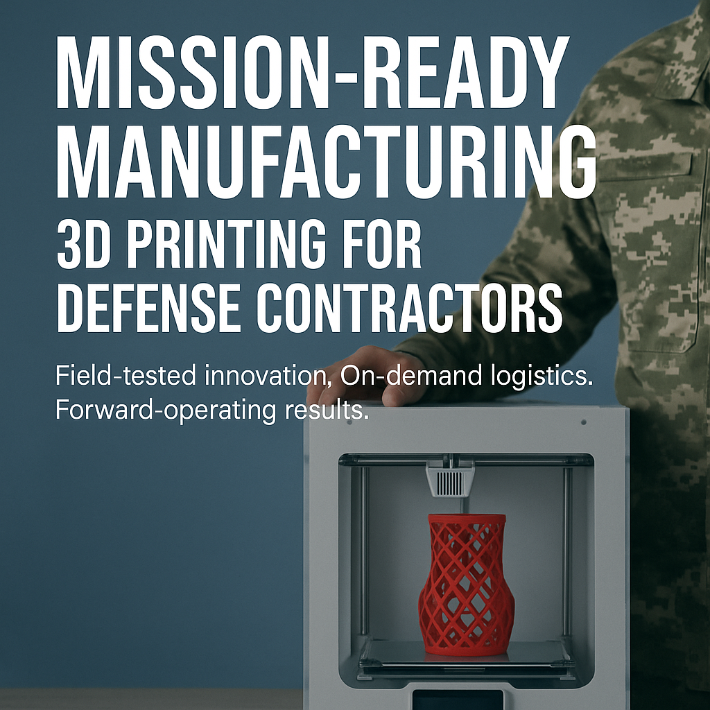 Military personnel operating an UltiMaker 3D printer producing a red lattice part, with bold text reading 'Mission-Ready Manufacturing: 3D Printing for Defense Contractors' emphasizing innovation and field-readiness in defense manufacturing.