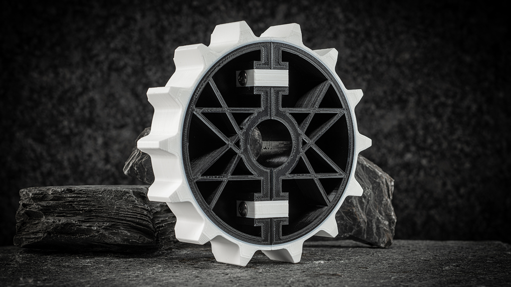 Close-up of custom 3D printed sprocket using PET CF and Nylon CF Slide for high-strength and low-friction performance