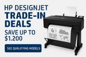 HP DesignJet trade-in promotion banner showing a large-format printer with blueprint-style print output, offering up to $1,200 in rebates and a call-to-action button that says 'See Qualifying Models