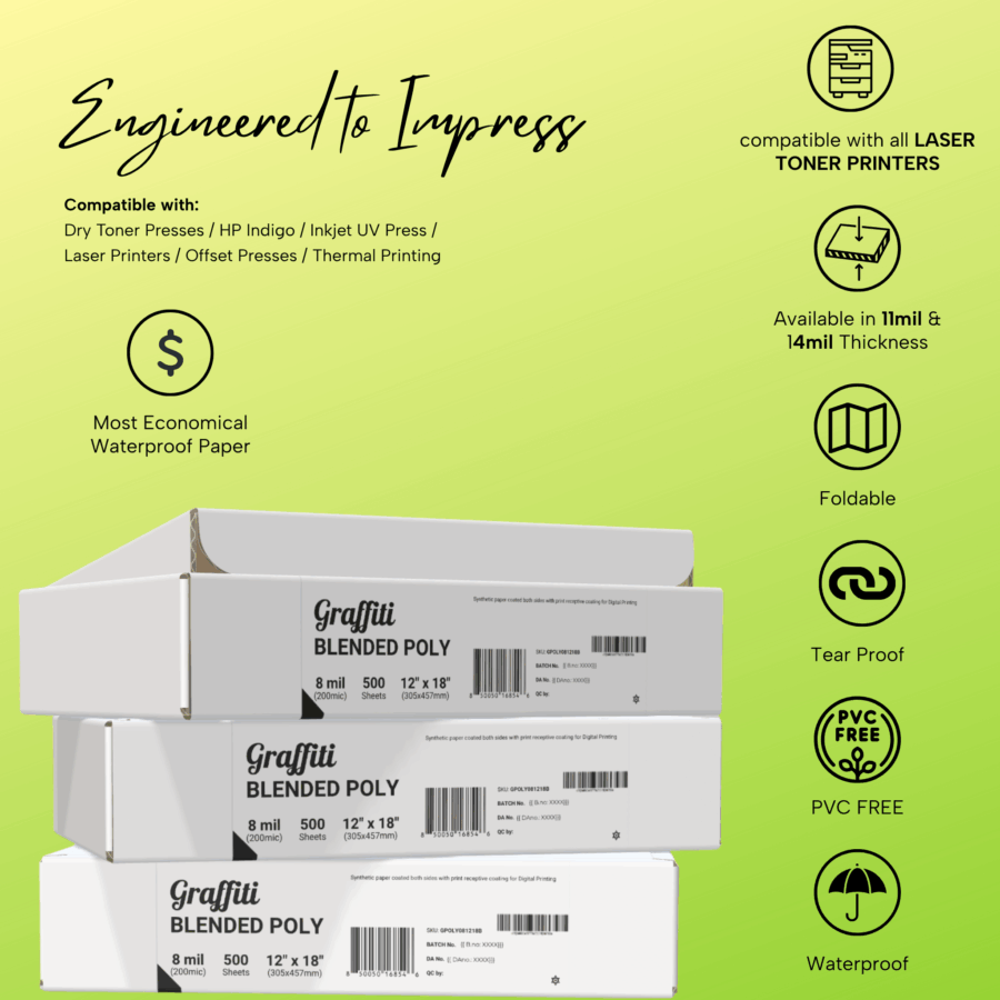 Graffiti Blended Poly 8mil synthetic paper features and compatible print technologies including toner, UV, offset, and HP Indigo