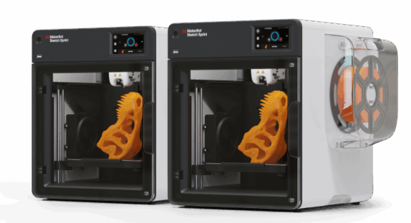 MakerBot Sketch Sprint Classroom Bundle with two 3D printers, student certifications, and filament spools on display in an educational setting