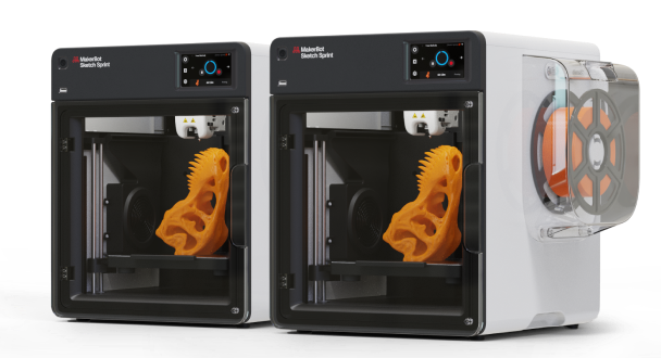 MakerBot Sketch Sprint Classroom Bundle with two 3D printers, student certifications, and filament spools on display in an educational setting