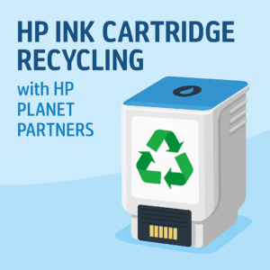 HP ink cartridge recycling graphic showing the HP Planet Partners logo and a recycling symbol with the text “Sustainable Printing Starts Here – HP Ink Cartridge Recycling.