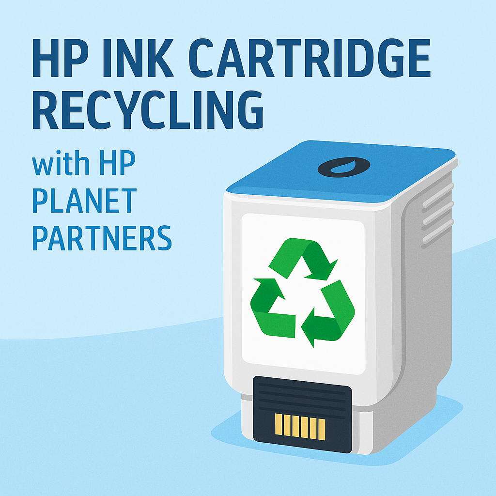 HP ink cartridge recycling graphic showing the HP Planet Partners logo and a recycling symbol with the text “Sustainable Printing Starts Here – HP Ink Cartridge Recycling.