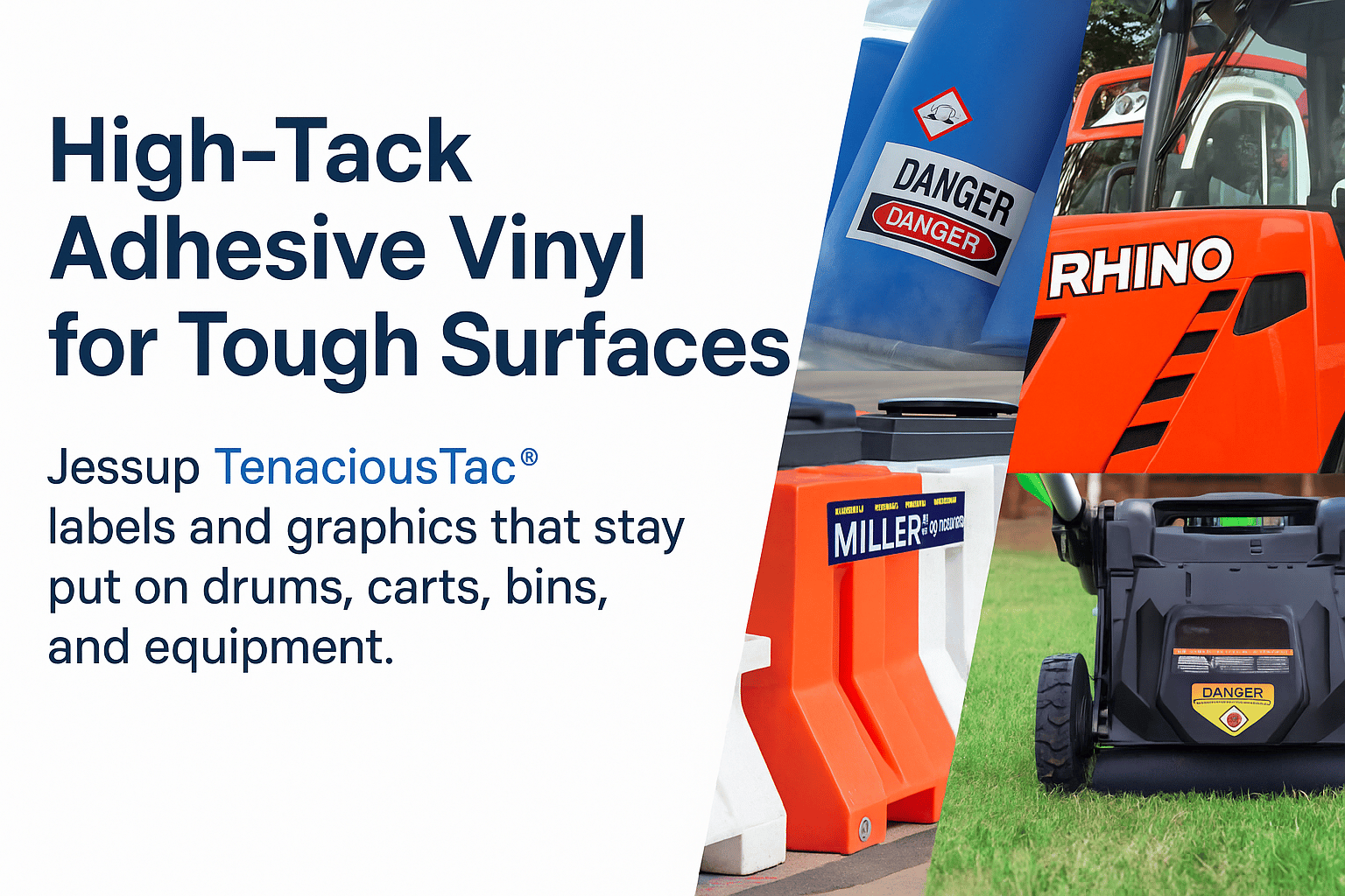 High-tack adhesive vinyl applications using Jessup TenaciousTac labels on bins, drums, generators and equipment