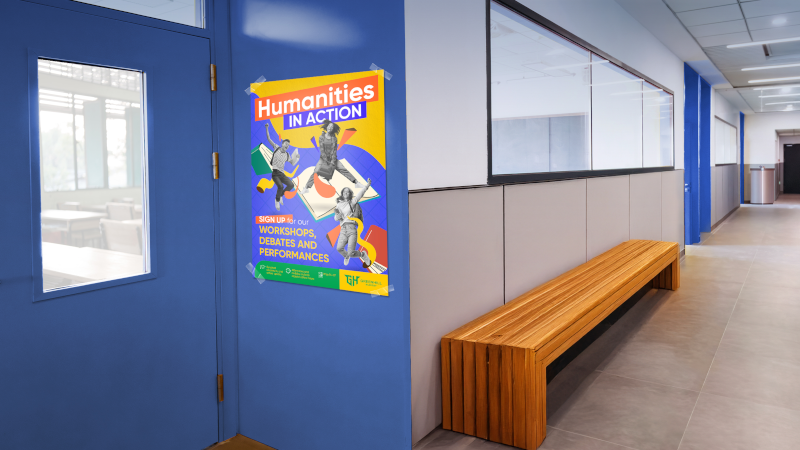 School hallway door poster advertising a Humanities in Action event