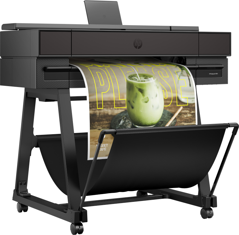 HP DesignJet T870 printer left view printing a poster on roll media