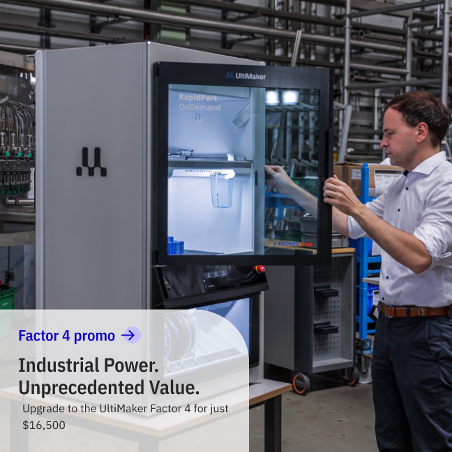 Genuine UltiMaker Factor 4 industrial 3D printer promotion showing operator on factory floor
