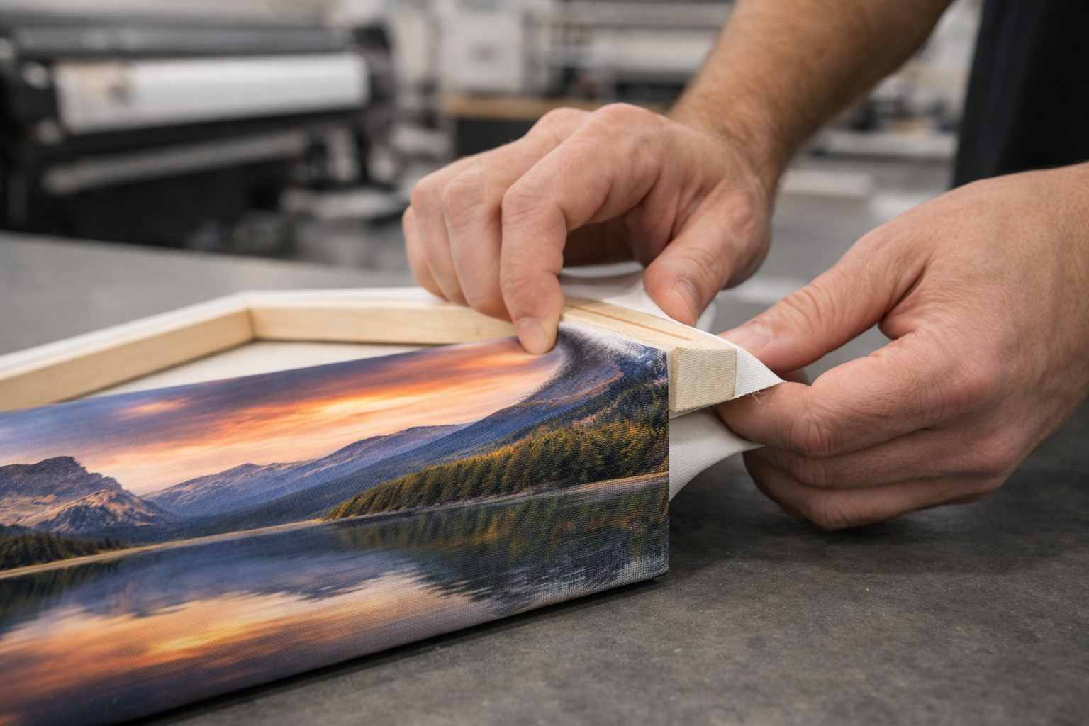Print professional stretching a canvas print over wooden stretcher bars