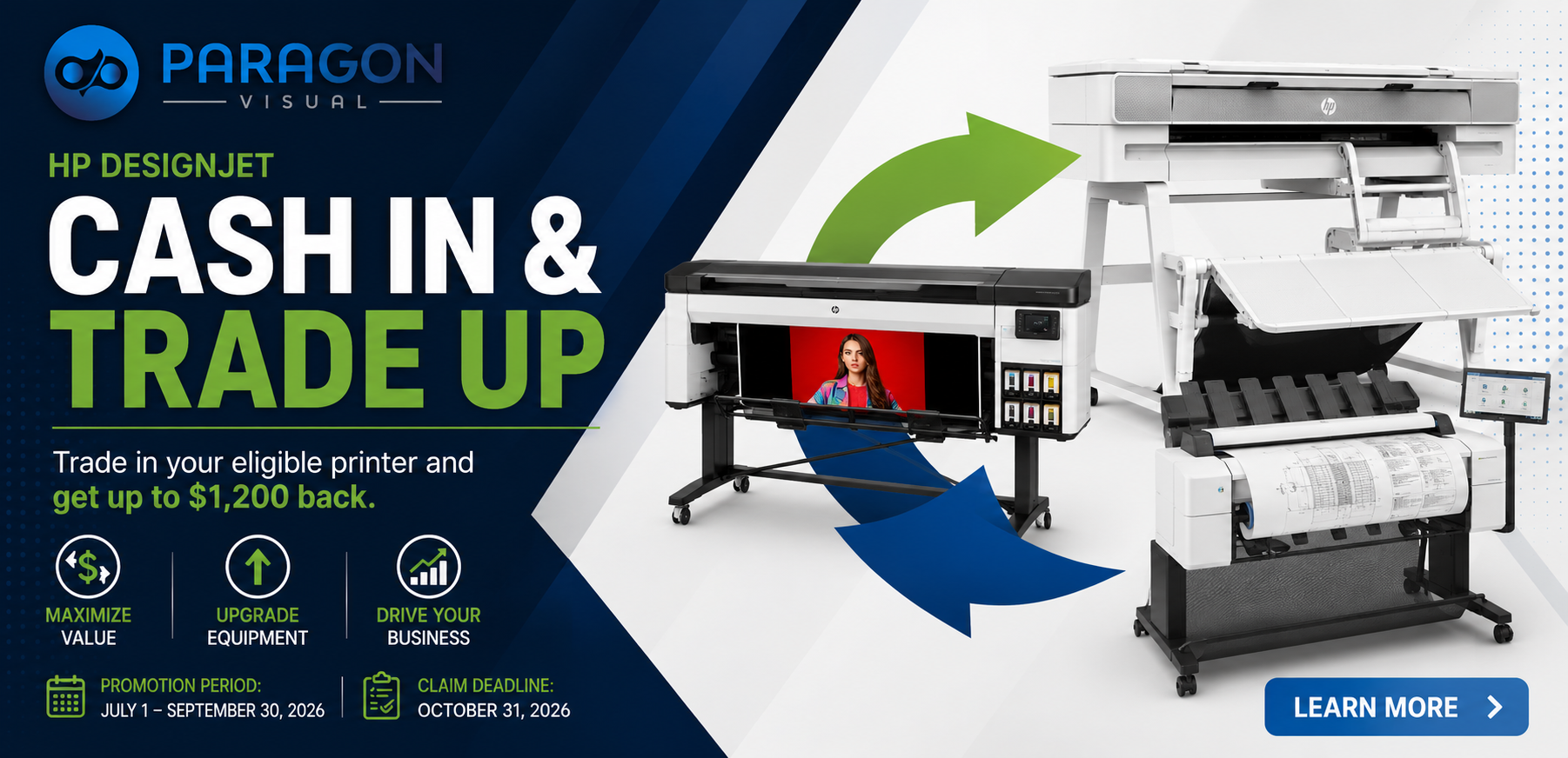 HP DesignJet Trade Up promo Q3 2026 cash back offer at Paragon Visual