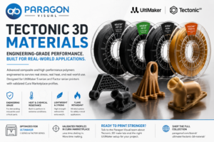 Tectonic 3D materials for UltiMaker S series and Factor series printers, including PET CF, PP CF, ASA+ and PEKK-A filament.