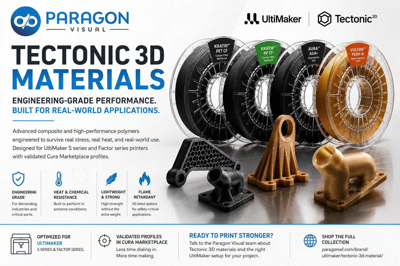 Tectonic 3D materials for UltiMaker S series and Factor series printers, including PET CF, PP CF, ASA+ and PEKK-A filament.