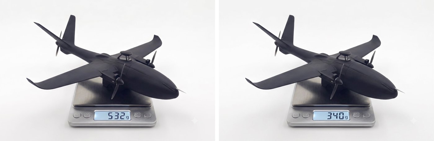 3D printed drone parts weight comparison showing the same airframe at 532 grams in standard PET carbon fiber and 340 grams in ZEPHYR Microcell
