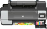 Top view of HP DesignJet Z6 Plus 24 inch printer with media roll and ink cartridges visible