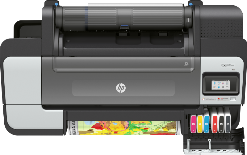 Top view of HP DesignJet Z6 Plus 24 inch printer with media roll and ink cartridges visible