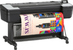 Angled right view of HP DesignJet Z6 Plus printing a full color poster