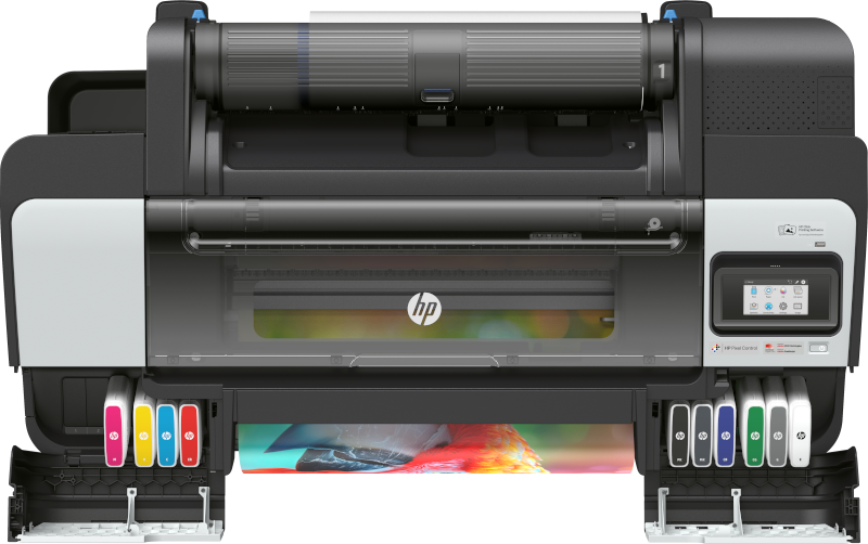 Top view of HP DesignJet Z9+ 24 inch printer showing the media roll and nine-color ink system
