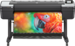 Front view of HP DesignJet Z9+ 44 inch printer producing a vivid parrot photograph
