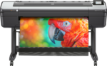 Front view of HP DesignJet Z9+dr 44 inch printer producing a colorful parrot image