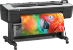 Right angled view of HP DesignJet Z9+dr Plus Edition printing a vivid parrot photograph